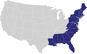 Map of USA with the east coast states highlighted