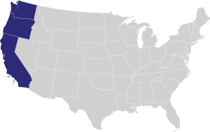 Map of USA with the west coast states highlighted